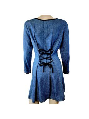 Vintage 90s Denim Mini Dress Women Small Medium Black Velvet Lace Up 70s Formal